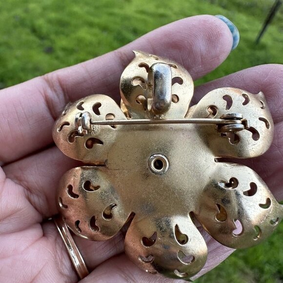VTG Coro Pendant Brooch Pin 2 1/8" Tiered Flower Clear Blue Crystals Gold Plated - Picture 6 of 7